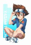  1boy adjusting_headwear arm_up binary blue_background blue_footwear blue_shirt brown_eyes brown_hair brown_shorts character_name closed_mouth commentary digimon digimon_adventure goggles goggles_on_head hair_between_eyes highres indian_style looking_at_viewer male_focus maro_(lij512) shirt shoes shorts signature sitting smile sneakers socks solo spiked_hair star_(symbol) star_print t-shirt two-tone_background white_background white_legwear yagami_taichi 