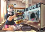  ? alpaca anthro basket black_border border bulge camelid clothed clothing cloudyfurr confusion digital_media_(artwork) digital_painting_(artwork) fur hi_res hooves laundromat laundry male mammal olli_(braeburned) panties solo sweater topwear underwear washing_machine 