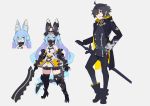  absurdres ahoge animal_ear_fluff animal_ears bare_shoulders belt black_hair black_legwear blue_eyes blue_hair boots clawed_gauntlets concept_art dress fang gauntlets gloves greaves grey_background hair_between_eyes hajime_(hajime-ill-1st) hand_on_hip highres holding holding_sword holding_weapon long_hair mask mechanical_tail mouth_mask original parted_lips pointy_ears silhouette simple_background sleeves_past_wrists standing sword tail thighhighs turtleneck vambraces weapon white_gloves yellow_eyes 