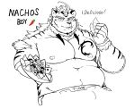  2020 anthro aretna belly eating felid food hi_res hombretigre kemono male mammal moobs nachos nipples overweight overweight_anthro overweight_male pantherine simple_background solo tiger tokyo_afterschool_summoners video_games white_background 