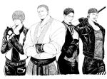  4boys bandana billy_kane crossed_arms father_and_son fingerless_gloves geese_howard glasses gloves greyscale hakama hand_on_own_chest hein_(kof) jacket japanese_clothes jewelry mark_of_the_wolves monochrome multiple_boys necklace osakana_e rock_howard short_hair staff the_king_of_fighters the_king_of_fighters_xiv tongue tongue_out 