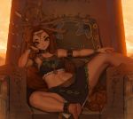  1girl anklet armlet armpits barefoot bracelet gerudo hair_ornament jewelry letdie1414 looking_at_viewer necklace pointy_ears red_hair riju sitting smile solo spread_legs sunset the_legend_of_zelda the_legend_of_zelda:_breath_of_the_wild throne 