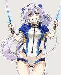  1girl ass_visible_through_thighs blue_bow blue_jacket bow breasts cowboy_shot cropped_jacket dated dual_wielding energy_sword eyebrows_visible_through_hair fate/grand_order fate_(series) hair_between_eyes hair_bow holding jacket long_hair looking_at_viewer medium_breasts one-piece_swimsuit open_clothes open_jacket ponytail red_eyes shikei short_sleeves silver_hair smile solo swimsuit sword tomoe_gozen_(fate/grand_order) tomoe_gozen_(swimsuit_saber)_(fate) two-tone_swimsuit weapon white_background 