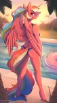 2020 absurd_res anthro bikini clothing detailed_background digital_media_(artwork) equid eyebrows fan_character feathered_wings feathers female fensu-san fingers hasbro hi_res horn looking_at_viewer mammal my_little_pony outside poolside smile solo swimwear text url water winged_unicorn wings 