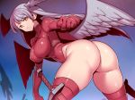  1girl angel_wings ass breasts closed_mouth final_fantasy final_fantasy_tactics gloves head_wings highleg highleg_leotard large_breasts leotard long_hair looking_at_viewer monster_girl red_legwear red_leotard silver_hair simple_background solo thighhighs tsuki_wani ultima_(fft) weapon white_hair wings work_in_progress 