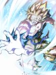  1boy blonde_hair blood blood_on_face bruise_on_face commentary_request dragon_ball highres male_focus mattari_illust muscle open_mouth solo son_gokuu spiked_hair super_saiyan super_saiyan_1 torn_clothes v-shaped_eyebrows 
