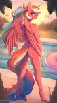  2020 absurd_res anthro breasts detailed_background digital_media_(artwork) equid eyebrows fan_character feathered_wings feathers female fensu-san fingers genitals hasbro hi_res horn looking_at_viewer mammal my_little_pony nipples nude outside poolside pussy smile solo text url water winged_unicorn wings 