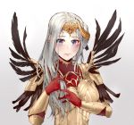  1girl arm_guards armor blush boobplate breastplate broken_armor dirty edelgard_von_hresvelg enzymelink feathers fire_emblem fire_emblem:_three_houses fire_emblem_heroes gloves grey_background hair_down horned_headwear lavender_eyes looking_at_viewer red_gloves silver_hair solo tiara upper_body 