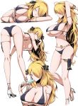  1girl bent_over bikini black_bikini blonde_hair breasts cleavage food highres large_breasts looking_at_viewer looking_back lying multiple_views on_side pokemon pokemon_(game) pokemon_dppt popsicle shimure_(460) shirona_(pokemon) swimsuit thigh_strap underboob white_background yellow_eyes 