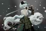  1girl absurdres alternate_costume armor bangs bare_shoulders black_hairband collarbone fighting_stance floating_hair ghost googerm green_eyes grey_hair hairband hands_up highres holding holding_sword holding_weapon japanese_armor katana konpaku_youmu konpaku_youmu_(ghost) kote kusazuri long_sleeves looking_at_viewer medium_hair off_shoulder pale_skin petals samurai scabbard sheath shoulder_armor skull solo sword touhou weapon wind 