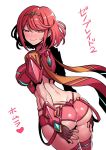  1girl ass back blush breasts butt_crack character_name circlet closed_mouth eyebrows_visible_through_hair fingerless_gloves gem gloves hair_ornament hands_on_own_thighs headpiece heart highres homura_(xenoblade_2) large_breasts looking_at_viewer red_eyes red_hair short_hair short_shorts shorts sideboob sidelocks simple_background skindentation solo sweatdrop thighhighs thighs tiara tsuki_wani white_background xenoblade_(series) xenoblade_2 