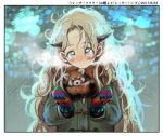  1girl big_hair blonde_hair blue_eyes blush border bosako_(haguhagu) closed_mouth coat green_coat haguhagu_(rinjuu_circus) long_hair long_sleeves looking_at_viewer messy_hair mittens original red_panda solo upper_body white_border 