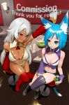  2girls alcohol animal_ear_fluff animal_ears arm_tattoo asymmetrical_clothes bar_stool beer beer_mug black_hair blue_eyes blue_hair boots breast_tattoo breasts cat_ears cat_tail cheering cleavage cocktail commission copyright_request cup detached_collar detached_sleeves drunk fingerless_gloves from_above gloves highres hiragana_oufu knee_boots large_breasts long_hair medium_breasts mug multiple_girls navel pelvic_curtain purple_gloves purple_legwear purple_sleeves red_eyes red_footwear red_sleeves short_hair silver_hair single_detached_sleeve single_thighhigh sitting stool tail tattoo thank_you thigh_boots thighhighs 