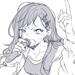  1girl arm_up blush collarbone earrings greyscale hair_ornament hairclip hand_up holding holding_microphone jacket jewelry kuroi_(liar-player) long_hair long_sleeves looking_at_viewer microphone monochrome open_clothes open_jacket open_mouth project_sekai puffy_long_sleeves puffy_sleeves shiraishi_an shirt simple_background sketch solo star_(symbol) star_earrings star_hair_ornament sweat twitter_username uneven_eyes white_background 