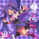 1girl :d argyle argyle_background armlet bare_shoulders commentary_request covered_collarbone dress eyelashes hair_rings highres iris_(fall_2022)_(pokemon) iris_(pokemon) long_hair naganadel official_alternate_costume open_mouth pink_footwear pokemon pokemon_(creature) pokemon_masters_ex purple_background purple_hair shoes smile socks sutokame teeth tongue twintails upper_teeth_only wrist_cuffs 