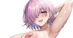  1girl absurdres arm_behind_head armpits blush breasts commentary completely_nude cropped fate/grand_order fate_(series) hair_over_one_eye highres huge_breasts jasony looking_at_viewer mash_kyrielight medium_hair nipples nude open_mouth paid_reward_available pink_eyes pink_hair simple_background smile solo sweat white_background 