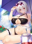  1girl absurdres adjusting_eyewear azur_lane beach_mat beach_umbrella bikini black_bikini black_footwear blue_sky blurry blurry_foreground blush breasts choker cleavage cloud collarbone day emanon123 eyewear_on_head hair_between_eyes heart heart-shaped_eyewear highres huge_breasts looking_at_viewer low_twintails navel o-ring o-ring_top official_alternate_costume outdoors parted_lips red_eyes scrunchie short_hair sirius_(azur_lane) sirius_(scorching-hot_seirios)_(azur_lane) sitting sky solo sunglasses swimsuit thigh_strap translucent twintails umbrella wet white_hair white_scrunchie wrist_scrunchie yokozuwari 