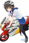  1girl amano_onsa artist_name bakuon!! bangs black_footwear black_hair black_legwear blouse blue_sailor_collar blue_skirt closed_mouth commentary_request curly_hair dated green_eyes ground_vehicle hair_ribbon leaning_forward loafers logo looking_at_viewer marlboro miniskirt motor_vehicle motorcycle neckerchief on_motorcycle pantyhose pleated_skirt red_neckwear retsumaru ribbon sailor_collar school_uniform serafuku shoes short_hair short_sleeves signature simple_background single_horizontal_stripe sitting skirt smile solo vehicle_request white_background white_blouse white_ribbon yamaha 