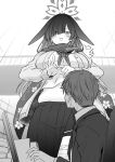  1boy 1girl :d animal_ears black_jacket blue_archive breasts computer formal greyscale hair_over_one_eye halo highres holding holding_paper indoors jacket laptop large_breasts long_hair long_skirt long_sleeves lop_rabbit_ears mizuki_takehito monochrome navel neckerchief ninja open_mouth paper pleated_skirt rabbit_ears scarf school_uniform sensei_(blue_archive) short_hair skirt smile spiked_hair tall_female tsukuyo_(blue_archive) v-shaped_eyebrows 