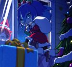  1girl blue_hair boots cat christmas christmas_present christmas_stocking christmas_tree finger_to_mouth fubukihime gift green_eyes hat high_ponytail holly jibanyan long_hair multicolored_hair nollety notched_ear open_mouth sack santa_costume santa_hat shushing solo_focus two-tone_hair youkai_watch 