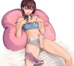  1girl breasts brown_hair cellphone censored cum ejaculation erection futanari grey_panties handsfree_ejaculation highres holding holding_phone lying medium_breasts medium_hair mole mole_under_eye mosaic_censoring navel on_back open_mouth original panties penis phone projectile_cum purple_eyes shiratama_(monster1553) shorts shorts_around_one_leg smartphone solo strap_slip underwear 