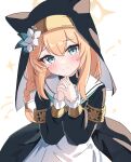  1girl animal_ears blue_archive blue_eyes blush cat_ears closed_mouth habit hair_between_eyes hair_ornament highres long_hair looking_at_viewer mari_(blue_archive) nonddu nun orange_hair own_hands_clasped own_hands_together simple_background smile solo white_background 