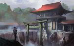  1other architecture building cloud commentary_request east_asian_architecture fog from_behind gloves hat long_sleeves miso_katsu original outdoors pagoda scenery sky solo standing tagme torii tree water waterfall 