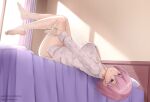  1girl barefoot bed_sheet bedroom blush breasts cherry_print collarbone commentary_request day fanbox_username fate/grand_order fate_(series) feet food_print hair_between_eyes huge_breasts joko_jmc knees_up long_sleeves looking_at_viewer mash_kyrielight medium_hair no_pants pajamas patreon_username pillow pink_curtains pink_hair print_shirt purple_eyes raised_eyebrows shirt soles solo thighs toes upside-down web_address white_pajamas white_shirt 