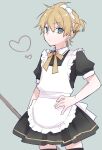  1boy alternate_costume apron black_dress black_thighhighs blonde_hair bow brown_bow closed_mouth collared_dress commentary crossdressing dress enmaided frilled_apron frills green_eyes grey_background hair_between_eyes hand_on_own_hip heart kagamine_len kuroi_(liar-player) looking_at_viewer maid maid_apron maid_headdress male_focus pleated_dress puffy_short_sleeves puffy_sleeves short_sleeves simple_background solo standing thighhighs twitter_username vocaloid white_apron 