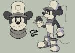  1boy animal_ears animal_nose disney fishing_rod full_body gloves greyscale highres male_focus megadrivebrad mickey_mouse monochrome mouse_boy mouse_tail scarf simple_background solo steamboat_willie tail toon_(style) white_footwear white_gloves white_headwear 