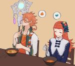  1boy 1girl aqua_eyeshadow bandaged_arm bandaged_hand bandages bowl brother_and_sister chopsticks closed_eyes closed_mouth eating eyeshadow fire_emblem fire_emblem_engage hahm0106 highres holding holding_staff makeup orange_hair pandreo_(fire_emblem) panette_(fire_emblem) short_bangs siblings sidelocks spicy staff stitched_mouth stitches 