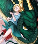  1girl alinoce716 antlers blonde_hair blue_shirt blush dragon dragon_girl dragon_horns dragon_tail highres horns kicchou_yachie looking_at_viewer red_eyes shirt short_hair smile square_neckline tail touhou turtle_shell 