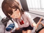  aoi_chizuru bed bow bra brown_hair original red_eyes school_uniform see_through skirt underwear 