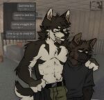annoyed anthro athletic athletic_anthro athletic_male belt canid canine canis clothed clothing domestic_dog duo fully_clothed hi_res holding_clothing holding_object holding_shirt holding_topwear maggotnizer male male/male mammal meme pants_only shirt shirtless_anthro shirtless_male t-shirt texting topwear