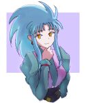  1girl big_hair blue_hair breasts closed_mouth earrings hand_up highres jewelry juliet_sleeves light_blue_hair long_hair long_sleeves looking_at_viewer medium_breasts open_clothes open_vest pink_vest puffy_sleeves ryouko_(tenchi_muyou!) smile solo tenchi_muyou! vest yellow_eyes yellow_pupils zawabug 