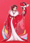  1girl alternate_costume alternate_hairstyle ancient_dragon_(mario) blue_eyes brown_hair dragon earrings eastern_dragon flower full_body fur-trimmed_kimono fur_trim hand_on_own_hip highres japanese_clothes jewelry kimono looking_at_viewer mario_(series) new_year pauline_(mario) print_kimono red_flower red_kimono red_lips saiwo_(saiwoproject) simple_background solo updo 