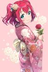  1girl back_bow bow closed_mouth commentary_request dot_nose eyebrows_hidden_by_hair floral_print flower green_eyes hair_between_eyes hair_flower hair_ornament highres holding holding_flower japanese_clothes kimono kurosawa_ruby light_blush looking_at_viewer love_live! love_live!_sunshine!! obi pink_background pink_kimono profile rabineru red_flower red_hair red_rose rose sash shadow short_hair short_twintails sidelocks smile solo twintails white_flower yukata 
