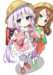  2girls absurdres backpack bag blue_eyes brown_hair buttons child closed_mouth crime_prevention_buzzer dress green_eyes green_footwear green_shirt haruyuki_(gffewuoutgblubh) hat highres kanna_kamui kneehighs kobayashi-san_chi_no_maidragon long_hair long_sleeves multiple_girls pink_dress purple_hair randoseru red_footwear red_skirt saikawa_riko school_hat shirt shoes simple_background skirt socks thighhighs white_background white_socks white_thighhighs yellow_headwear 