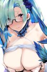  1girl bangs bare_shoulders bikini blue_hair blush breasts brynhildr_(fate) brynhildr_(swimsuit_berserker)_(fate) cleavage closed_mouth collarbone fate/grand_order fate_(series) glasses hands_on_own_chest highres kurowa large_breasts long_hair looking_at_viewer neck_garter purple_eyes side_ponytail simple_background swimsuit untied untied_bikini very_long_hair white_background white_bikini 