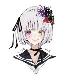  1girl assault_lily black_choker black_flower black_hairband black_ribbon black_sailor_collar blunt_bangs blush bow_hairband character_name choker closed_mouth commentary cropped_shoulders flower grey_hair hair_flower hair_ornament hair_ribbon hairband heterochromia kou_no_hana long_hair looking_at_viewer mole mole_under_eye neck_ribbon neckerchief pink_eyes portrait purple_flower red_flower ribbon ribbon_choker sailor_collar sally_(allogkk) simple_background smile solo translated white_background white_neckerchief yellow_eyes 