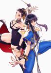  2girls absurdres bare_shoulders black_hair breasts chinese_clothes chun-li cleavage cosplay costume_switch crossover double_bun dress earrings fighting_stance gloves hair_bun hair_ornament hairband highres jewelry large_breasts long_hair multiple_girls red_eyes sidelocks smile spy_x_family street_fighter street_fighter_6 sumustard weapon yor_briar 