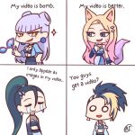  4girls ahri_(league_of_legends) akali animal_ears black_hair blonde_hair blue_eyes blue_jacket breasts butter_spoon chibi claws closed_eyes commentary crying crystal_tail earrings english_commentary english_text evelynn_(league_of_legends) facial_mark fox_ears fox_girl green_hair high_ponytail jacket jewelry k/da_(league_of_legends) kai&#039;sa league_of_legends medium_breasts midriff multicolored_hair multiple_girls navel o_o off_shoulder orange_eyes pink_hair purple_hiar signature slit_pupils sparkle streaming_tears tears the_baddest_ahri the_baddest_akali the_baddest_evelynn the_baddest_kai&#039;sa two-tone_hair whisker_markings 