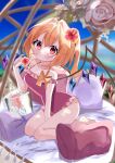  1girl absurdres alternate_costume bare_shoulders barefoot blonde_hair blush breasts crystal drinking_straw drinking_straw_in_mouth flandre_scarlet flower full_body hair_between_eyes hair_flower hair_ornament head_tilt highres iris_(airisu495) looking_at_viewer medium_hair multicolored_wings no_headwear one-piece_swimsuit one_side_up pink_one-piece_swimsuit red_eyes small_breasts solo swimsuit touhou wings 