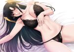  1girl armpits bare_arms bare_shoulders bed_sheet black_bra black_hair black_panties blush bra breasts collarbone commentary_request earrings highres horns indie_virtual_youtuber jewelry lace lace_bra lace_panties large_breasts light_smile lips long_hair looking_at_viewer lying navel on_back panties pointy_ears red_eyes sidelocks single_earring solo stomach thai_commentary umino_ciala underwear virtual_youtuber xter 