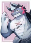 abs anthro asian_clothing blue_eyes blush clothing dragon east_asian_clothing giansar grey_body grin hi_res horn japanese_clothing jewelry kimono kt0414143919 lifewonders live_a_hero male muscular muscular_anthro muscular_male necklace nipples pecs smile solo