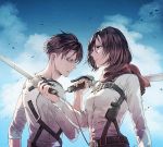  1boy 1girl blue_eyes blue_sky breasts brown_hair brown_scarf cloud dress_shirt half-closed_eyes holding holding_sword holding_weapon levi_(shingeki_no_kyojin) long_sleeves medium_breasts mikasa_ackerman sakuragawanaa scarf shingeki_no_kyojin shirt short_hair sky sword three-dimensional_maneuver_gear upper_body weapon white_shirt 