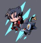  1boy black_eyes black_hair black_jacket black_pants chibi crossover grey_background highres jacket kazama_jin kotorai looking_to_the_side luxray no_nose pants pectoral_cleavage pectorals pokemon pokemon_(creature) red_footwear short_hair signature tekken thick_eyebrows v-shaped_eyebrows 