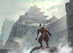  1boy architecture black_hair boots branch castle cloud cloudy_sky commentary east_asian_architecture facing_away fog from_behind holding holding_weapon katana male_focus miso_katsu outdoors scarf scenery sekiro:_shadows_die_twice sheath sheathed sky solo standing sword weapon white_scarf 