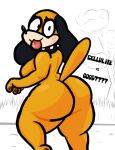 2023 anthro big_butt butt canid canine canis collar digital_drawing_(artwork) digital_media_(artwork) domestic_dog duck_hunt duck_hunt_dog female grass hi_res huntress_(lewdewott) lewdewott looking_at_viewer mammal nintendo orange_body outside plant raised_tail solo spiked_collar spikes standing tail text thick_thighs tongue tongue_out tree