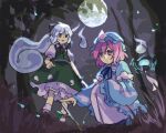  2girls black_ribbon blue_dress blue_eyes closed_mouth collared_dress commentary_request dress flat_chest frilled_dress frills full_moon green_skirt green_vest hair_ribbon highres hitodama kaigen_1025 konpaku_youmu konpaku_youmu_(ghost) moon multiple_girls neck_ribbon night open_mouth outdoors pink_eyes pink_hair puffy_short_sleeves puffy_sleeves ribbon ribbon-trimmed_collar ribbon_trim saigyouji_yuyuko short_hair short_sleeves skirt socks squatting stick sweat touhou vest white_hair white_socks 